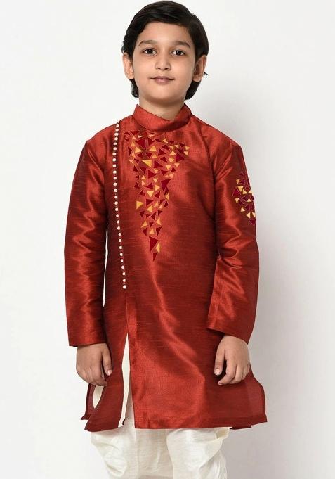 Maroon Embroidered Banarasi Silk Angrakha For Boys