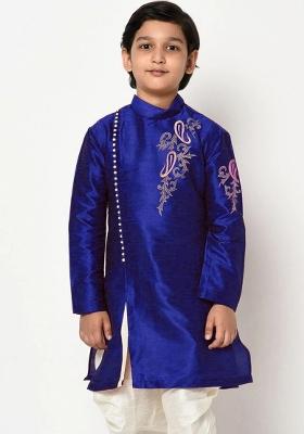 Royal Blue Embroidered Banarasi Silk Angrakha For Boys