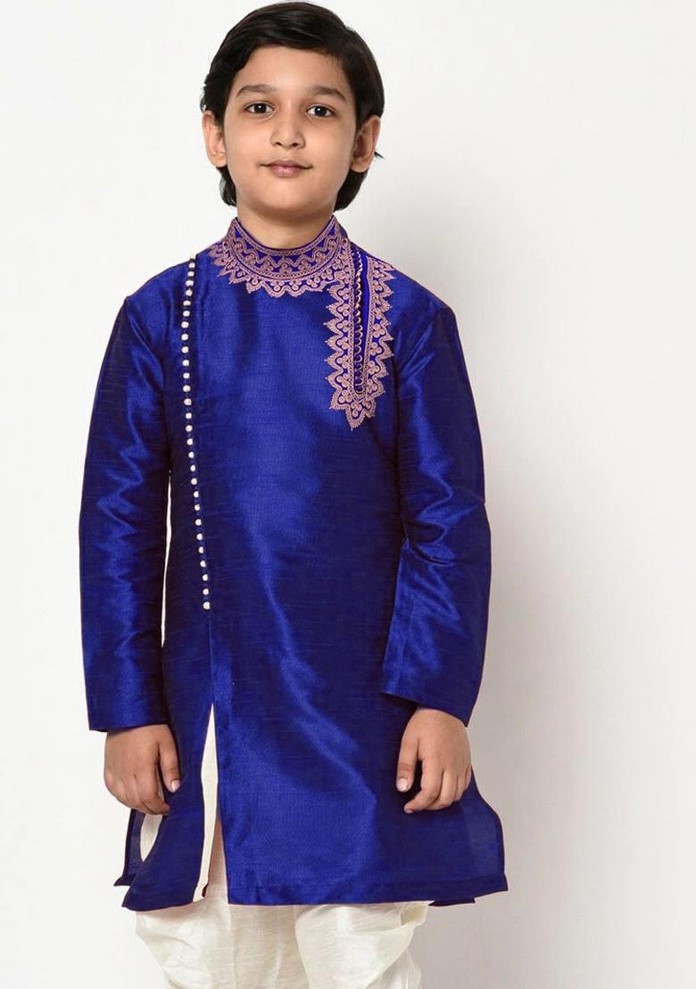 Royal Blue Embroidered Banarasi Silk Angrakha For Boys