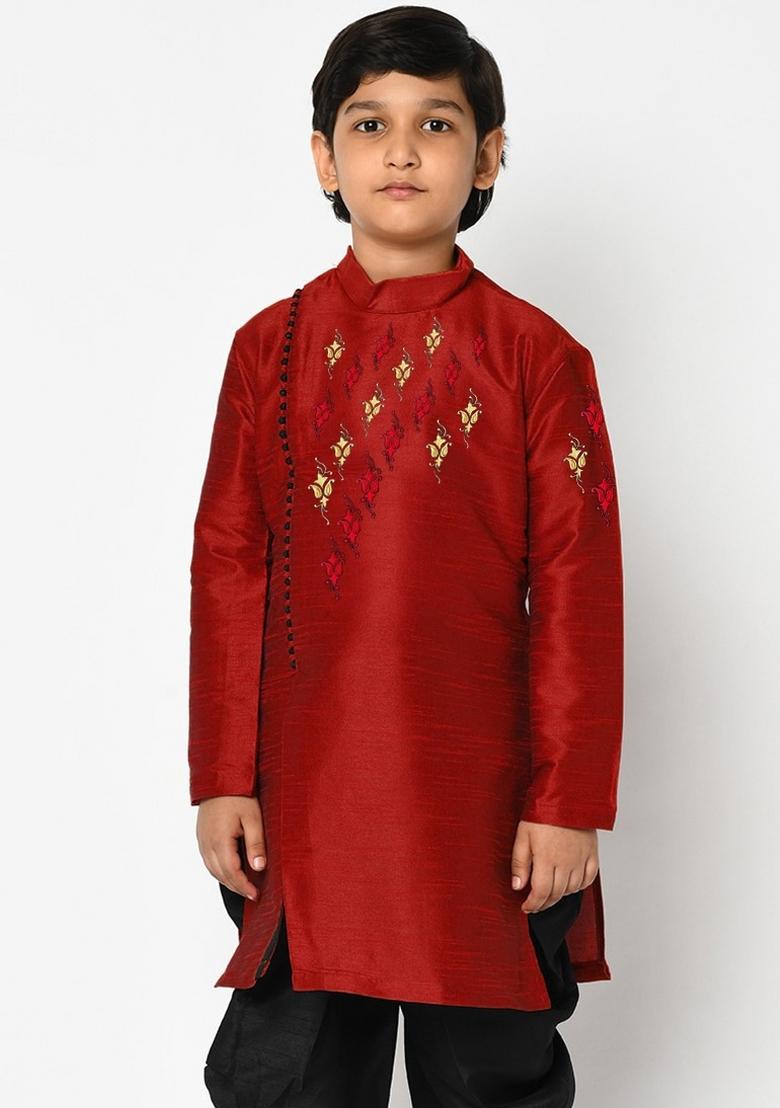 Maroon Embroidered Banarasi Silk Angrakha For Boys