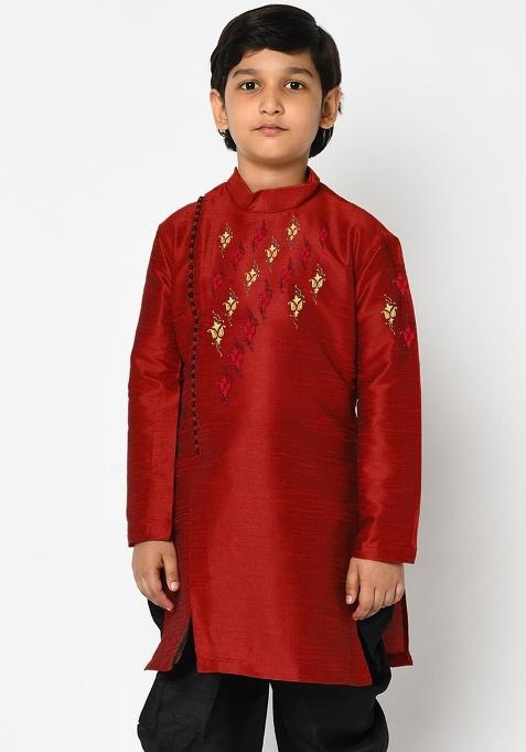 Maroon Embroidered Banarasi Silk Angrakha For Boys
