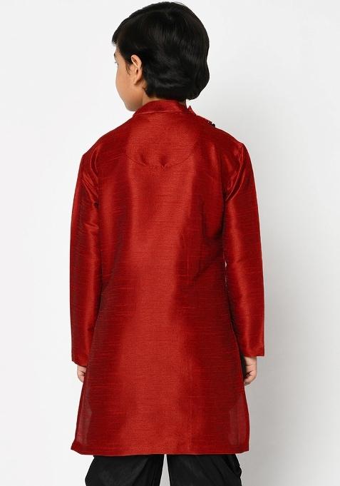 Maroon Embroidered Banarasi Silk Angrakha For Boys