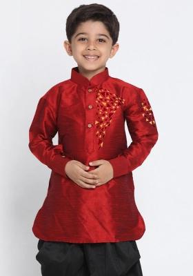 Maroon Embroidered Banarasi Silk Kurta For Boys