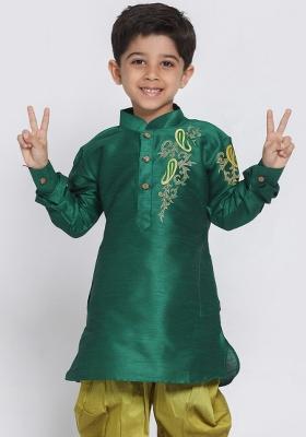Sea Green Embroidered Banarasi Silk Kurta For Boys