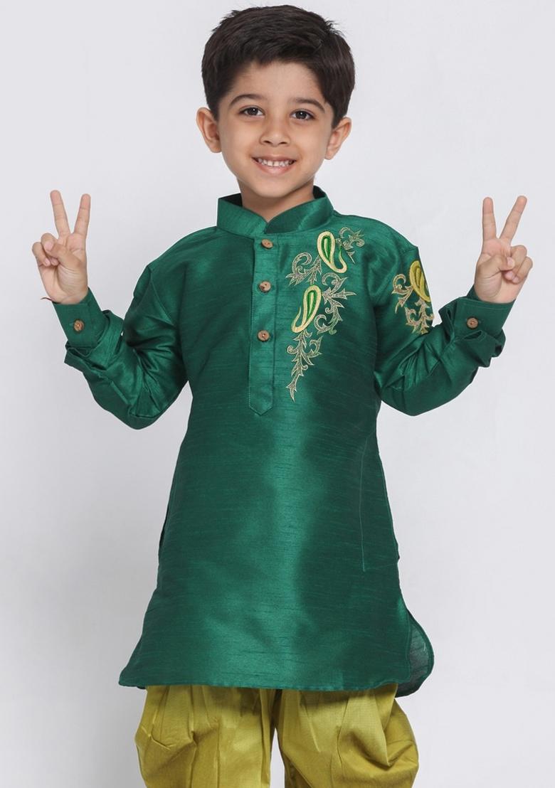 Sea Green Embroidered Banarasi Silk Kurta For Boys
