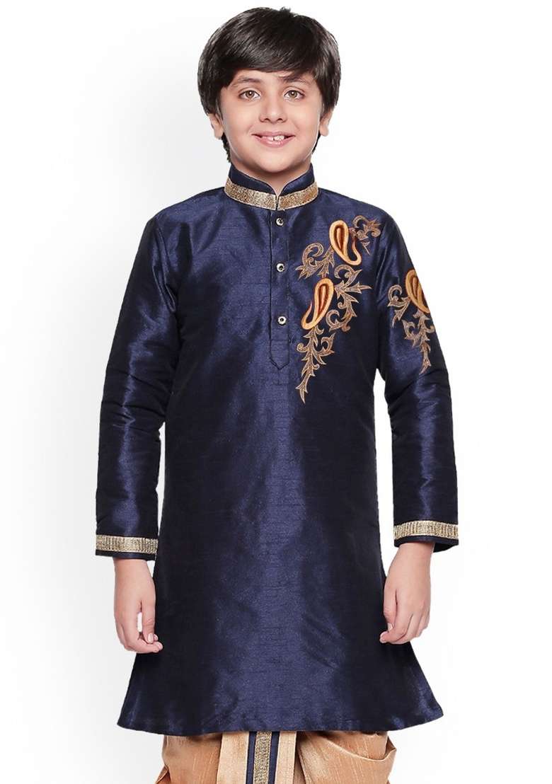 Navy Blue Embroidered Banarasi Silk Kurta For Boys - Indya
