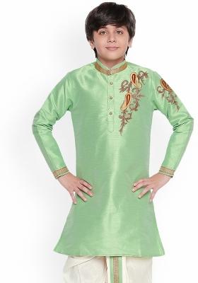 Pista Green Embroidered Banarasi Silk Kurta For Boys