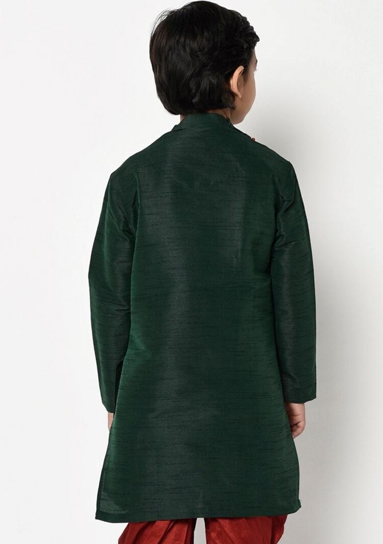 Bottle Green Embroidered Banarasi Silk Angrakha For Boys