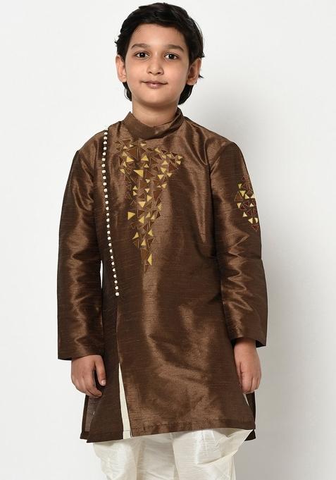 Brown Embroidered Banarasi Silk Angrakha For Boys