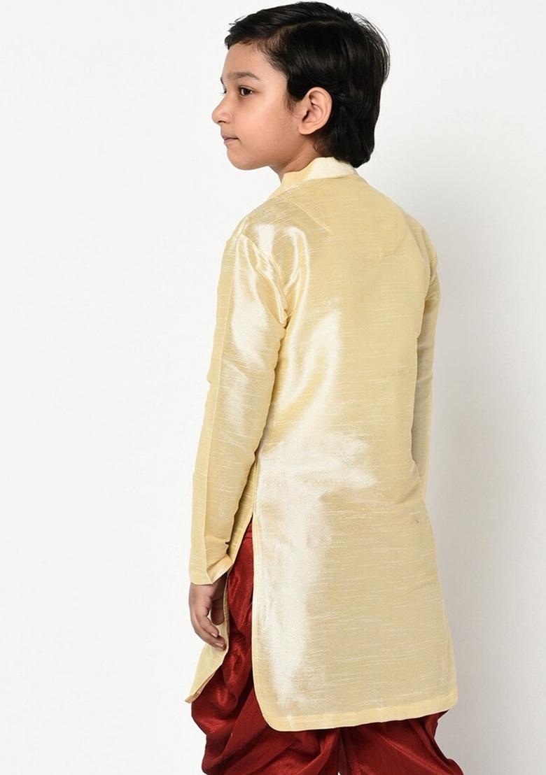 Cream Embroidered Banarasi Silk Angrakha For Boys