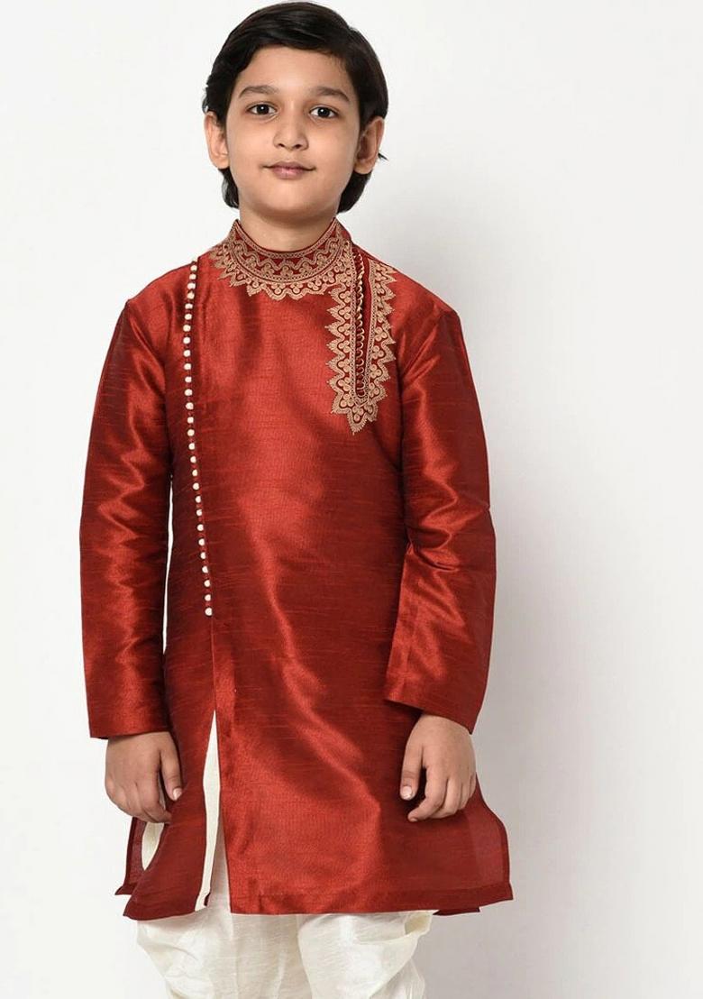 Maroon Embroidered Banarasi Silk Angrakha For Boys