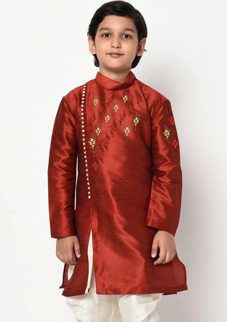 Maroon Embroidered Banarasi Silk Angrakha For Boys