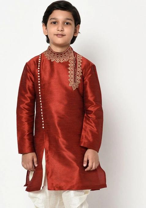 Maroon Embroidered Banarasi Silk Angrakha For Boys