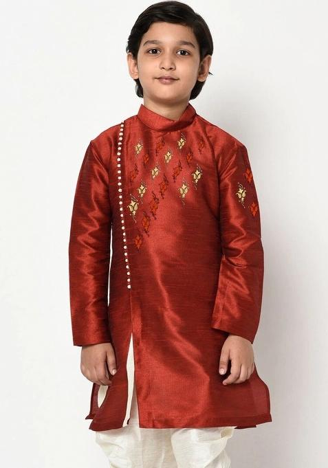 Maroon Embroidered Banarasi Silk Angrakha For Boys