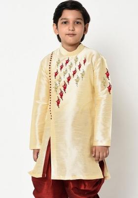 Cream Embroidered Banarasi Silk Angrakha For Boys