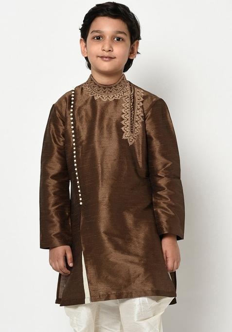 Brown Embroidered Banarasi Silk Angrakha For Boys