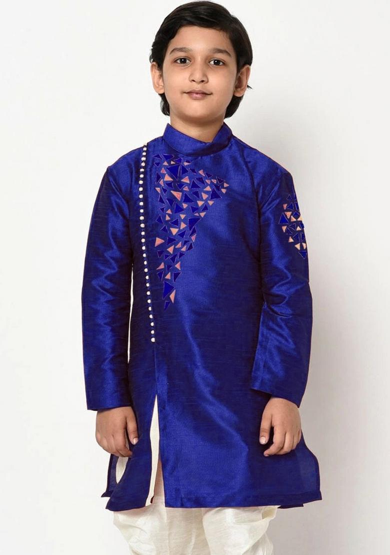 Royal Blue Embroidered Banarasi Silk Angrakha For Boys