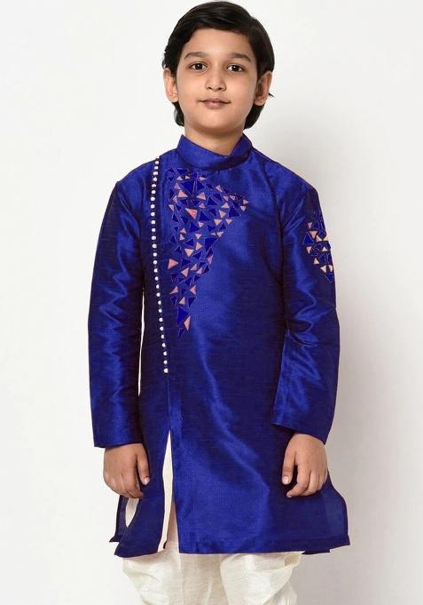 Royal Blue Embroidered Banarasi Silk Angrakha For Boys