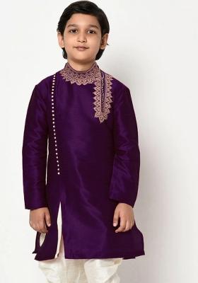Voilet Embroidered Banarasi Silk Angrakha For Boys