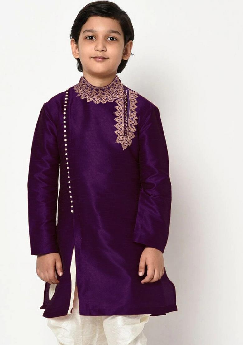 Voilet Embroidered Banarasi Silk Angrakha For Boys