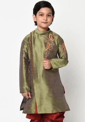 Mehandi Green Embroidered Banarasi Silk Angrakha For Boys