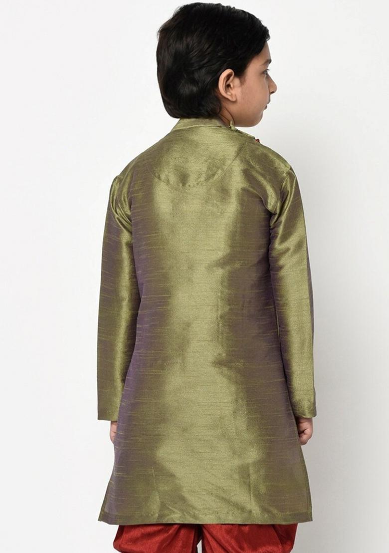 Mehandi Green Embroidered Banarasi Silk Angrakha For Boys