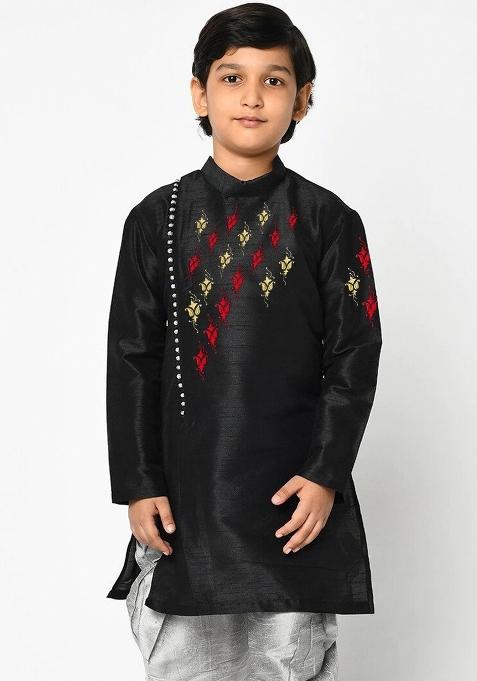 Black Embroidered Banarasi Silk Angrakha For Boys