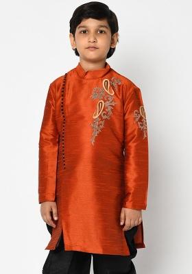 Rust Orange Embroidered Banarasi Silk Angrakha For Boys