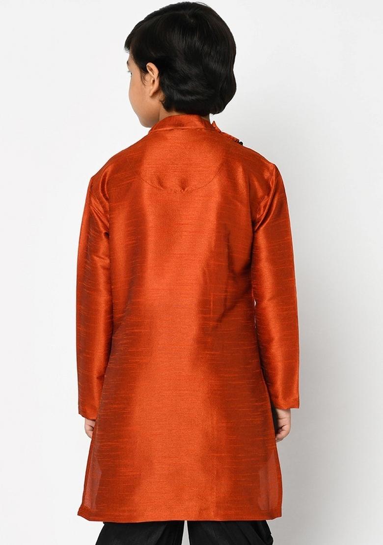 Rust Orange Embroidered Banarasi Silk Angrakha For Boys