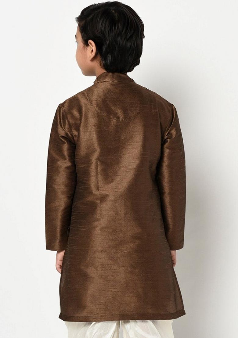 Brown Embroidered Banarasi Silk Angrakha For Boys