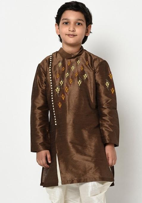 Brown Embroidered Banarasi Silk Angrakha For Boys