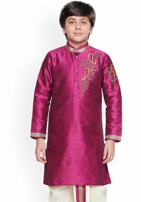 Magenta Embroidered Banarasi Silk Kurta For Boys