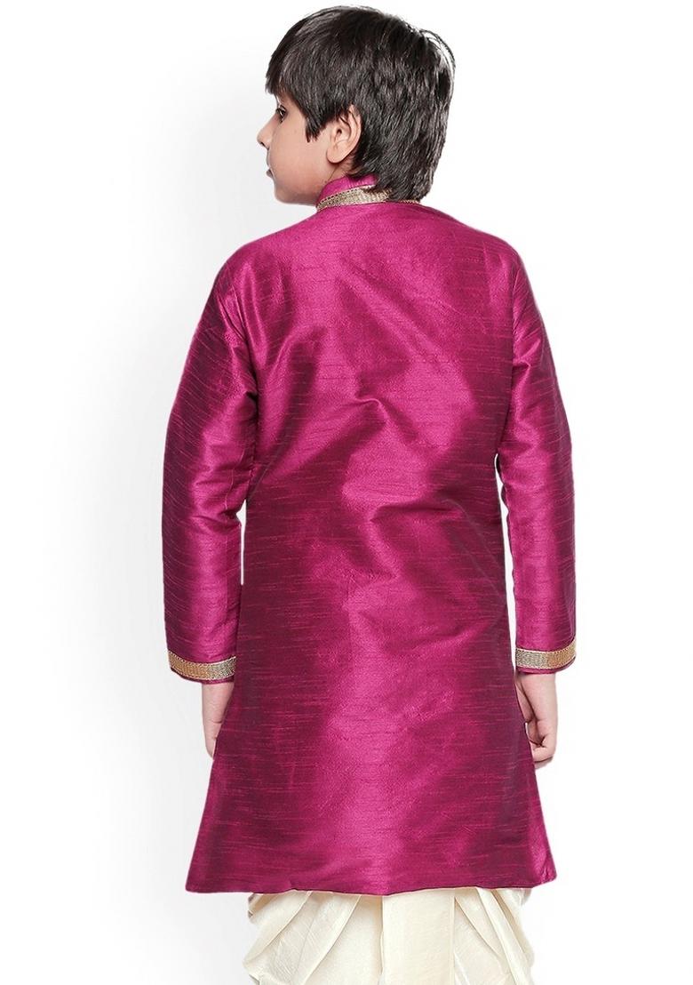 Magenta Embroidered Banarasi Silk Kurta For Boys