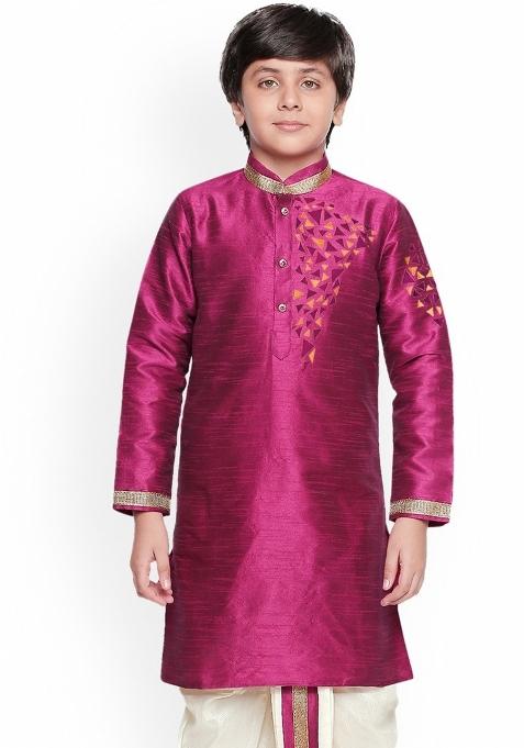 Magenta Embroidered Banarasi Silk Kurta For Boys
