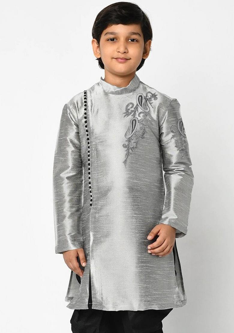 Grey Embroidered Banarasi Silk Angrakha For Boys