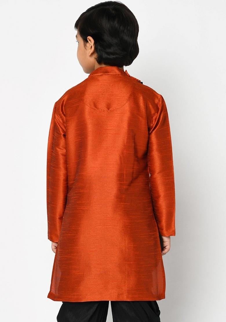 Rust Orange Embroidered Banarasi Silk Angrakha For Boys
