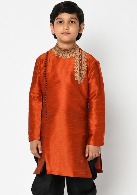 Rust Orange Embroidered Banarasi Silk Angrakha For Boys