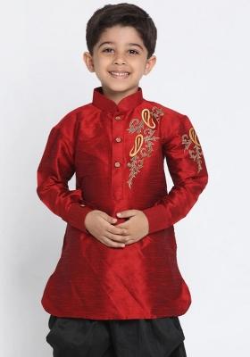 Maroon Embroidered Banarasi Silk Pathani Kurta For Boys