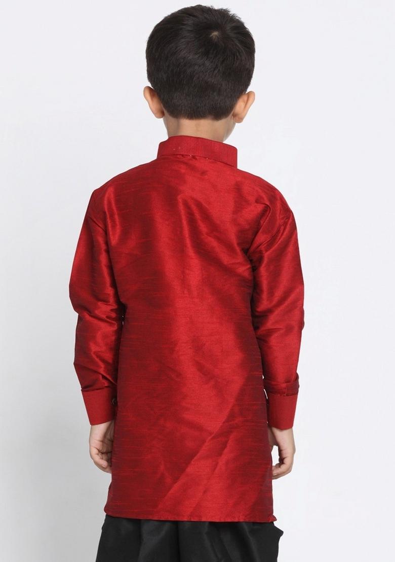 Maroon Embroidered Banarasi Silk Pathani Kurta For Boys