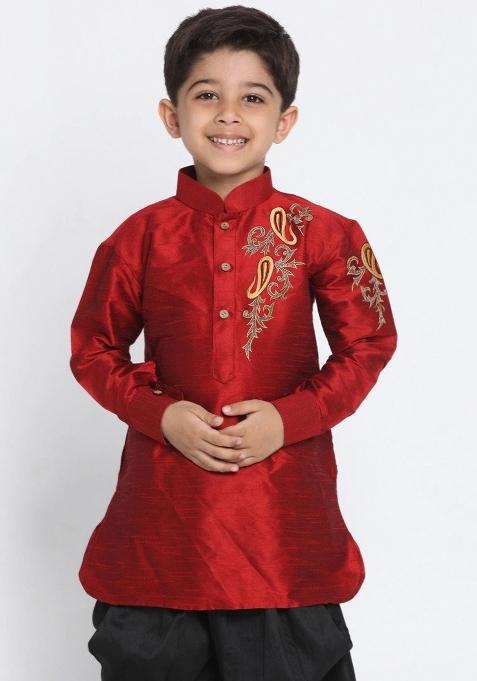 Maroon Embroidered Banarasi Silk Pathani Kurta For Boys