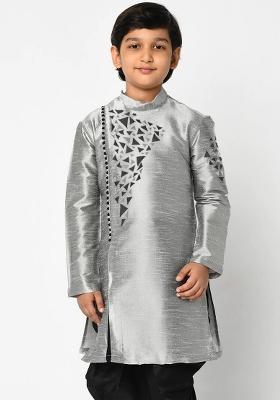 Grey Embroidered Banarasi Silk Angrakha For Boys