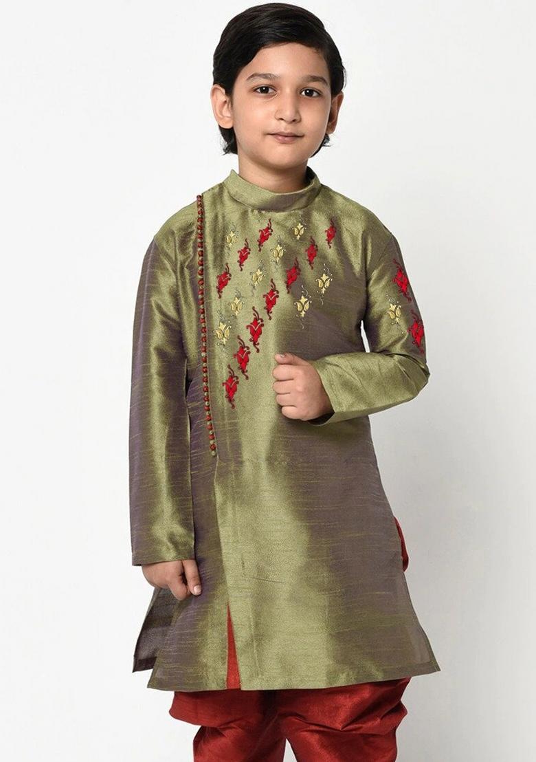 Mehandi Green Embroidered Banarasi Silk Angrakha For Boys