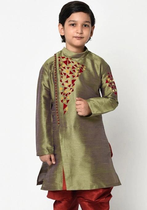 Mehandi Green Embroidered Banarasi Silk Angrakha For Boys
