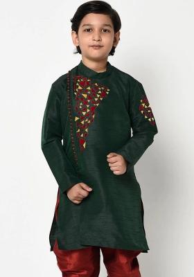 Bottle Green Embroidered Banarasi Silk Angrakha For Boys