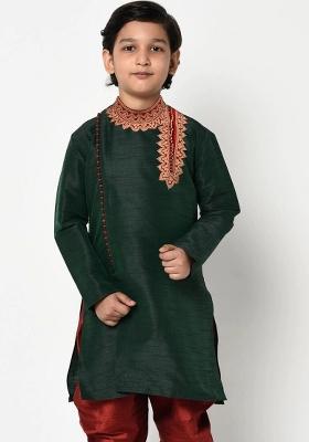Bottle Green Embroidered Banarasi Silk Angrakha For Boys