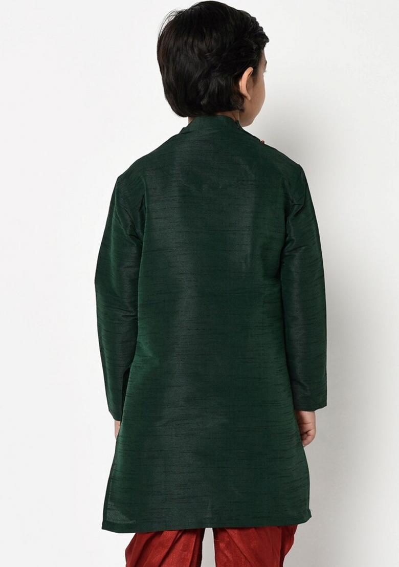 Bottle Green Embroidered Banarasi Silk Angrakha For Boys