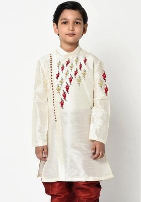 White Embroidered Banarasi Silk Angrakha For Boys