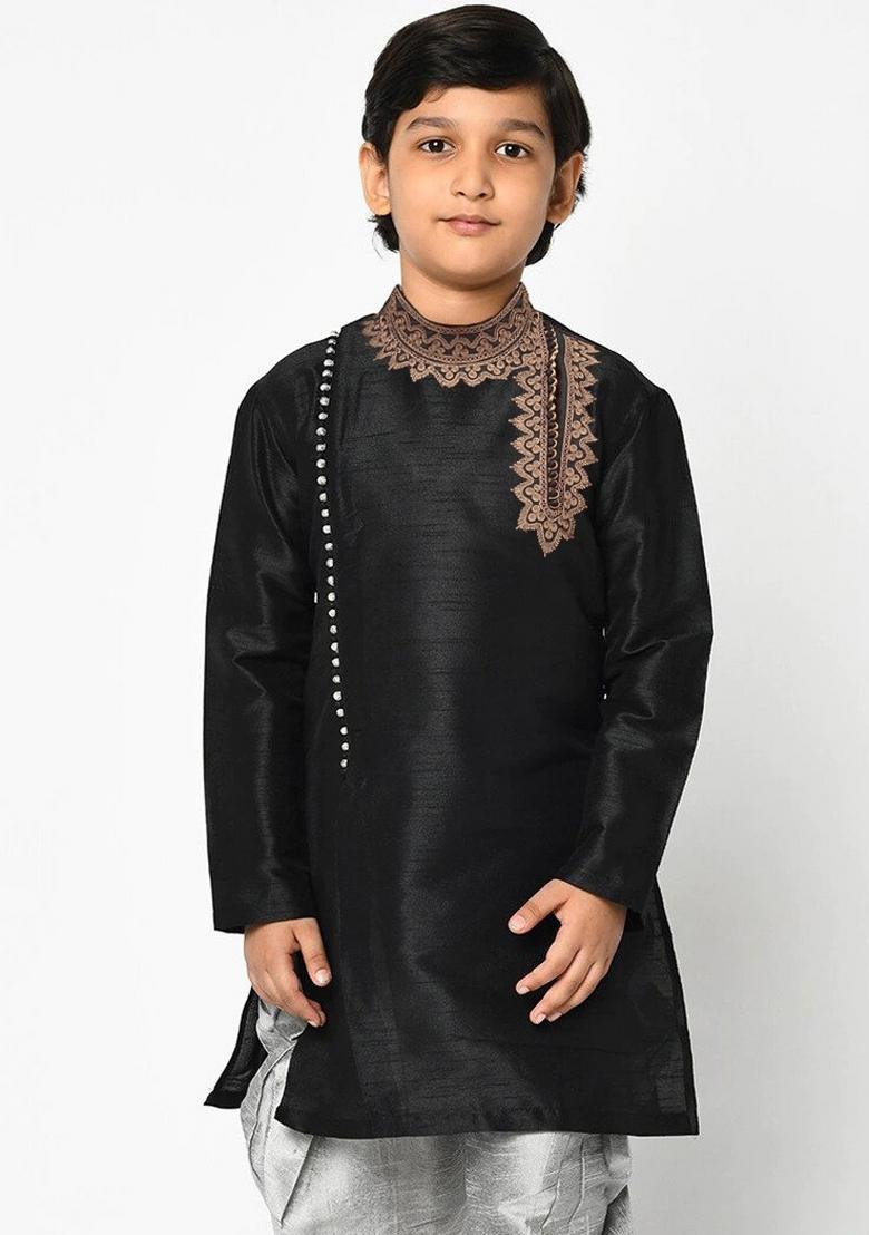 Black Embroidered Banarasi Silk Angrakha For Boys