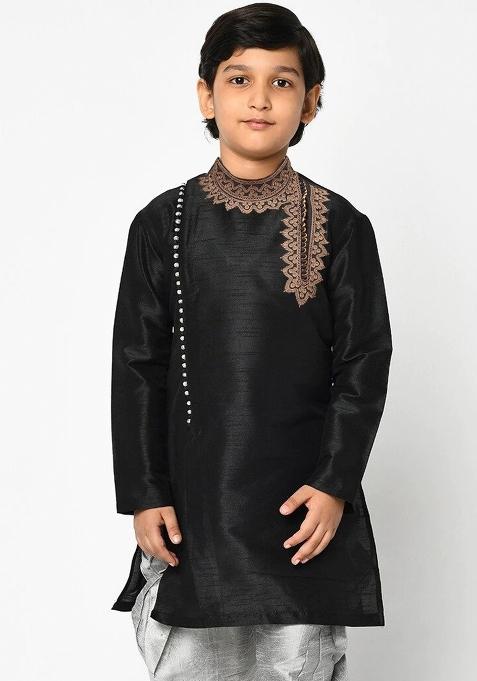 Black Embroidered Banarasi Silk Angrakha For Boys