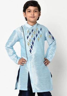 Light Blue Embroidered Banarasi Silk Angrakha For Boys